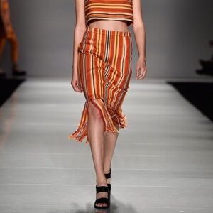 Pink Tartan SS16 Multicolor Striped Woven Pencil Skirt Fringe *Made in Canada*